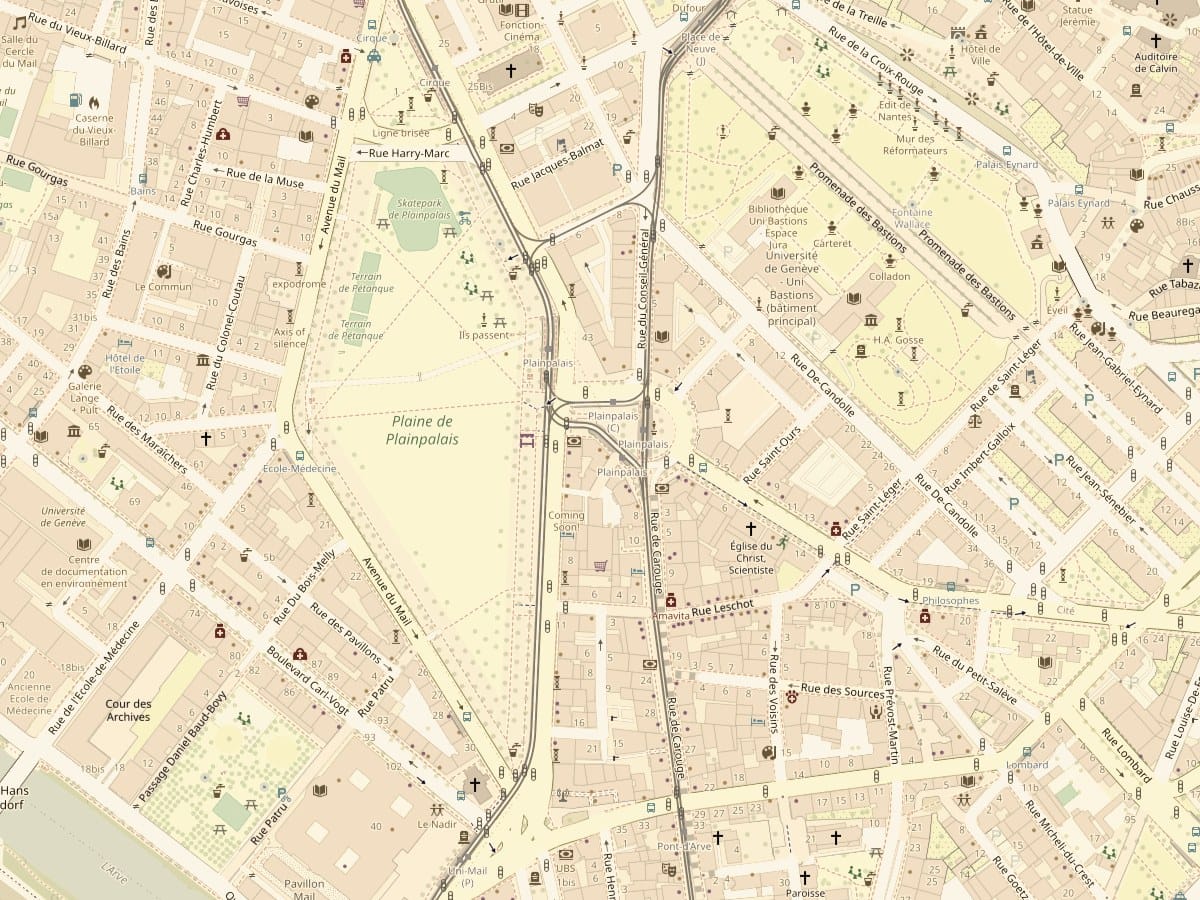 Plan du quartier — Mozza au Rond-point de Plainpalais, entre la plaine et la rue de Carouge.